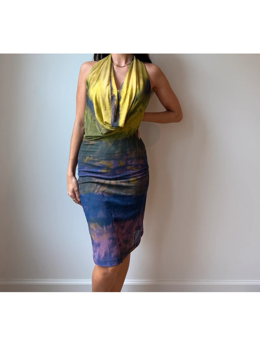 Plein Sud Jeans Y2K Mesh Ombre Halter Dress 2 Piece Set Tie Dye Cowl Neck